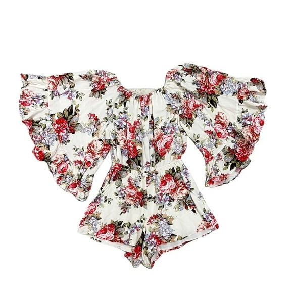 LPA Anthropologie Linen Off Shoulder Romper Floral Summer Rose Bouquet Size XS - Picture 6 of 11